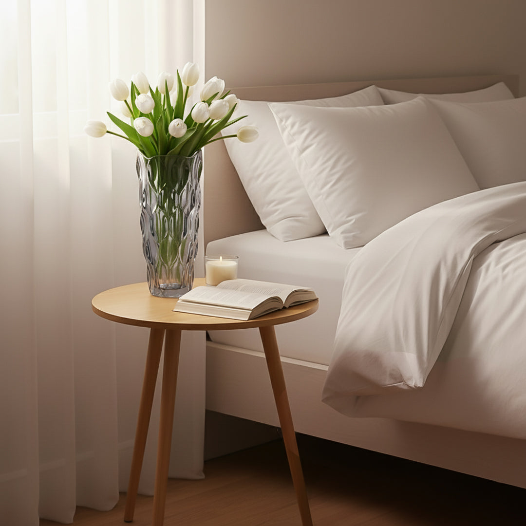 Walnut Side Table & Grey Glass Vase