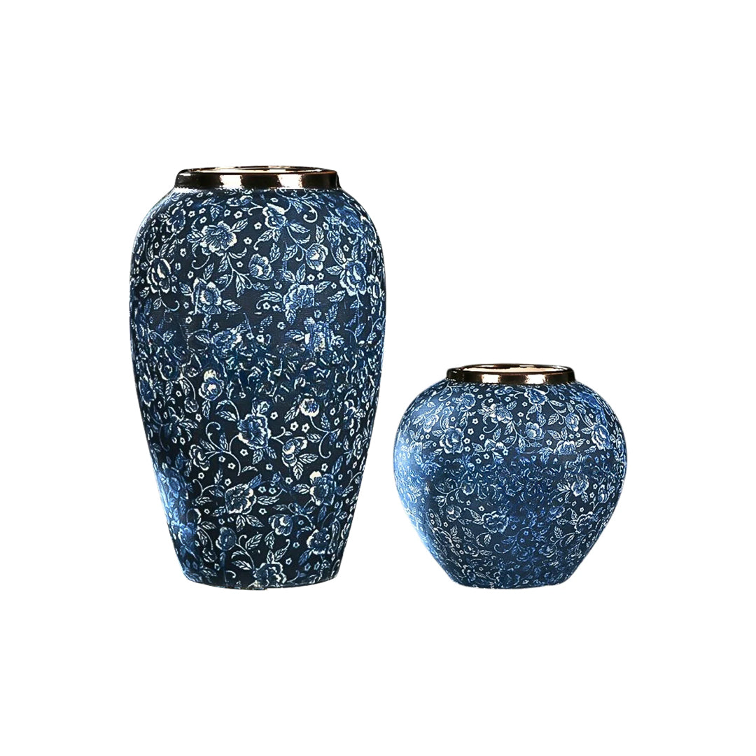 Blue Floral Ceramic Vases — Set of Two