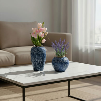 Blue Floral Ceramic Vases — Set of Two
