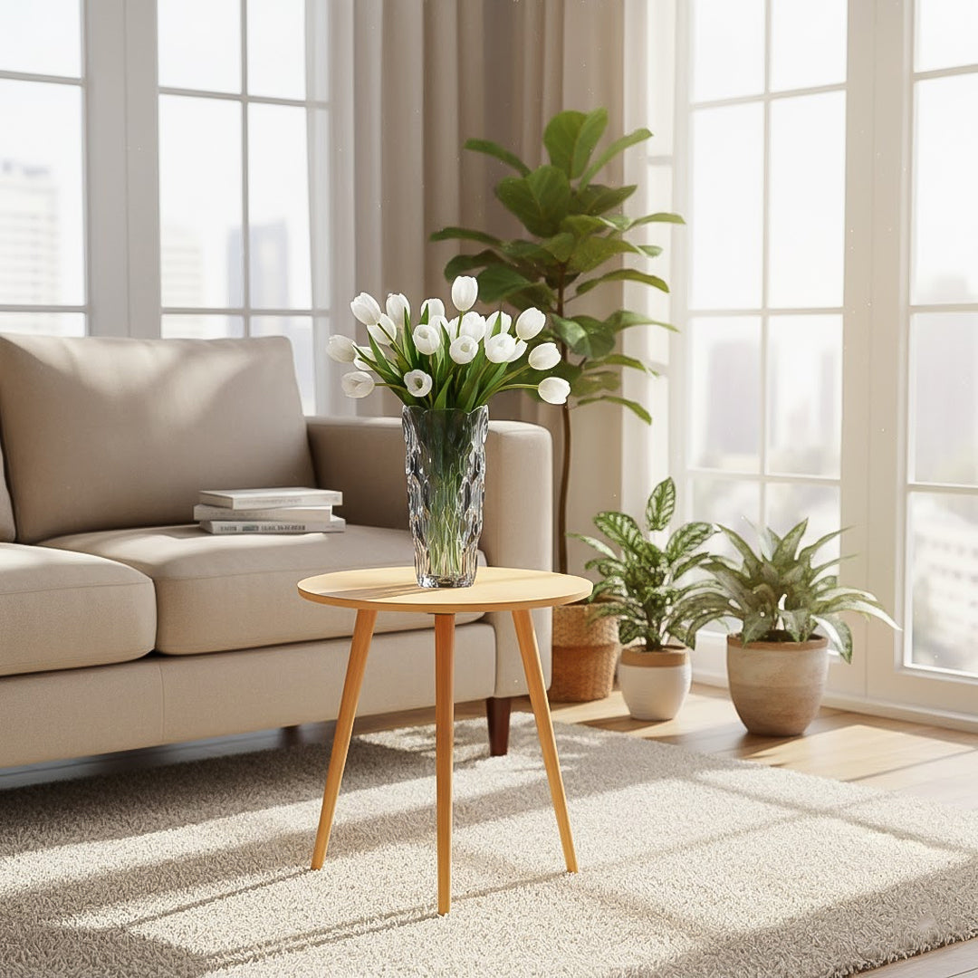 Walnut Side Table & Grey Glass Vase