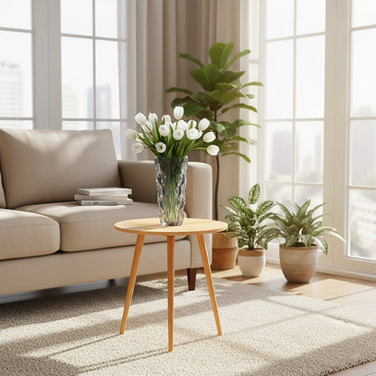 Walnut Side Table & Grey Glass Vase