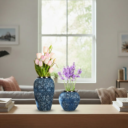 Blue Floral Ceramic Vases — Set of Two