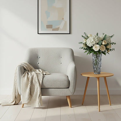 Walnut Side Table & Grey Glass Vase
