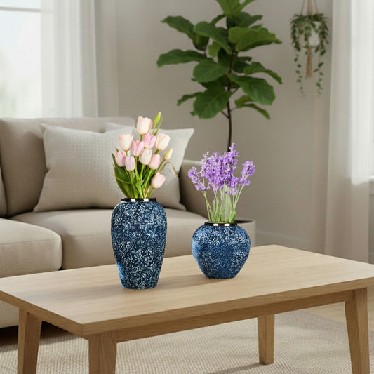 Blue Floral Ceramic Vases — Set of Two