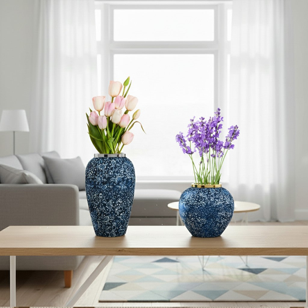 Blue Floral Ceramic Vases — Set of Two