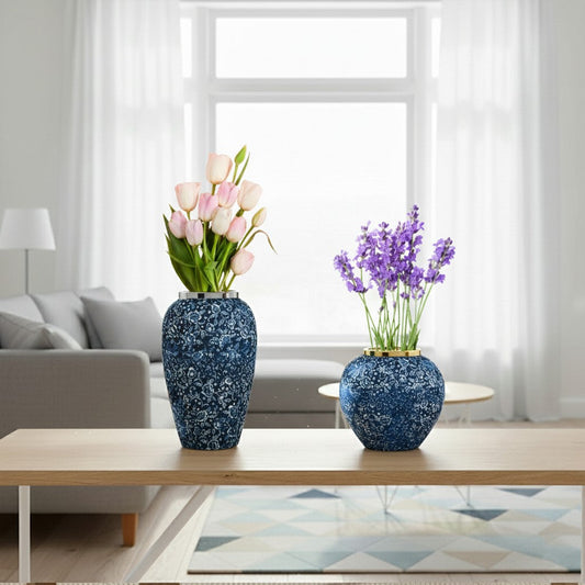 Blue Floral Ceramic Vases — Set of Two