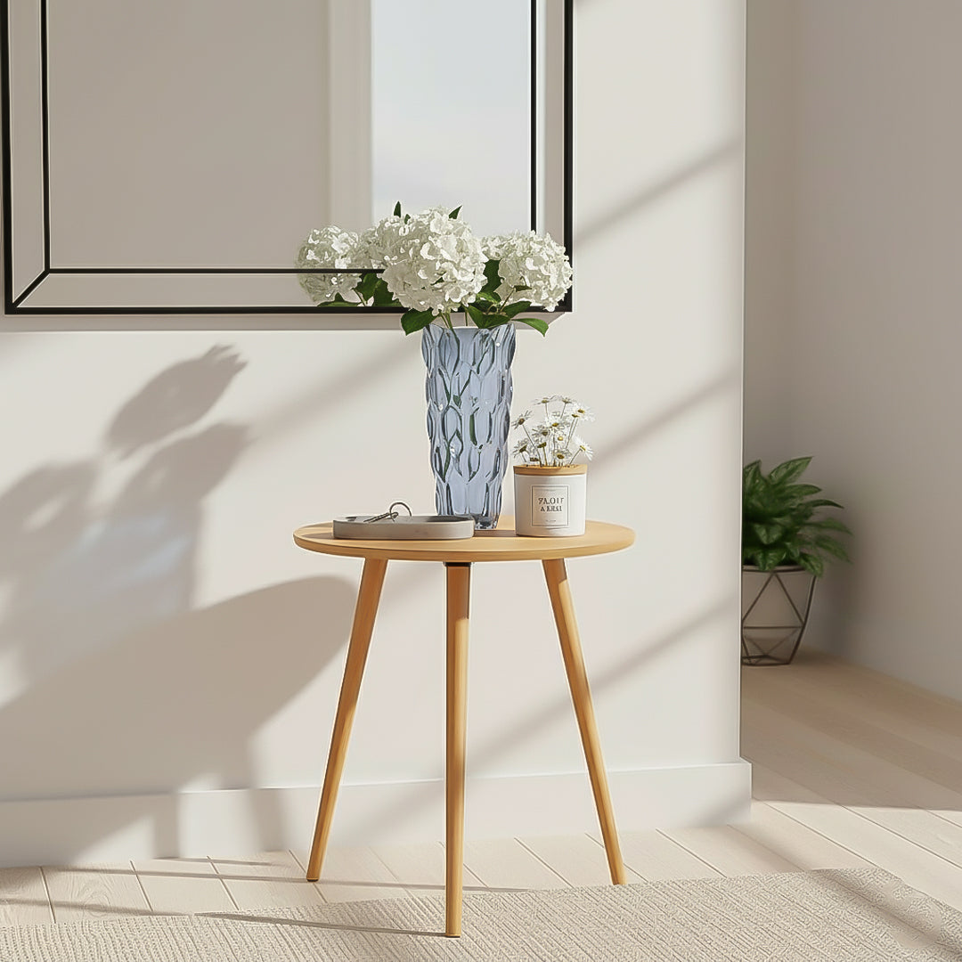 Walnut Side Table & Grey Glass Vase