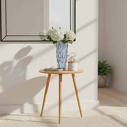 Walnut Side Table & Grey Glass Vase