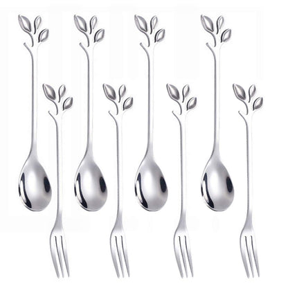 8-Piece Leaf Handle Mini Stainless Steel Spoons & Forks