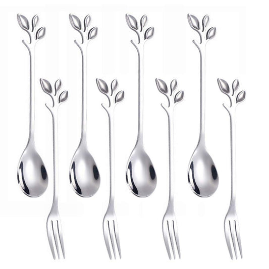 8-Piece Leaf Handle Mini Stainless Steel Spoons & Forks