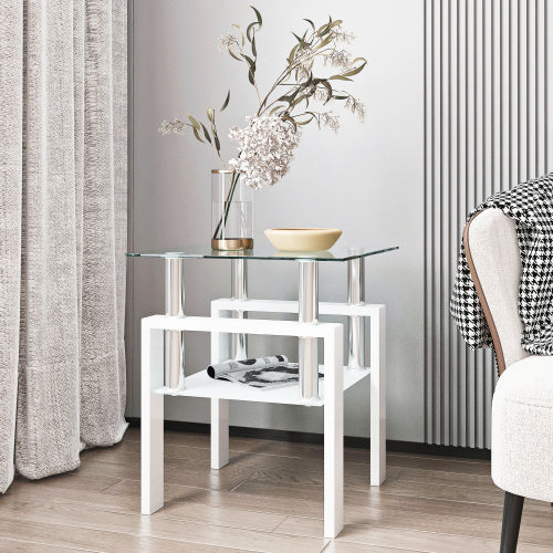 Modern Tempered Glass Square End Table (Transparent White)