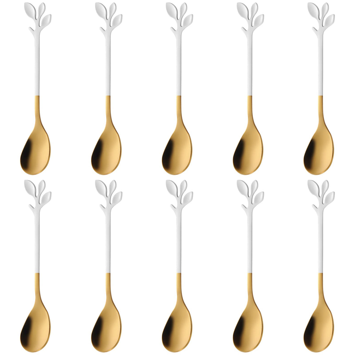 10-Piece Elegant White & Gold Leaf Espresso Spoon Set