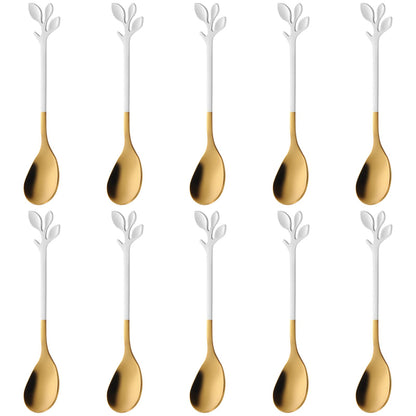 10-Piece Elegant White & Gold Leaf Espresso Spoon Set