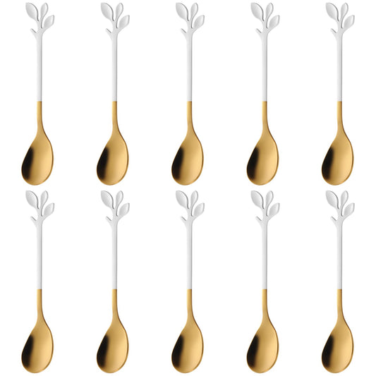 10-Piece Elegant White & Gold Leaf Espresso Spoon Set