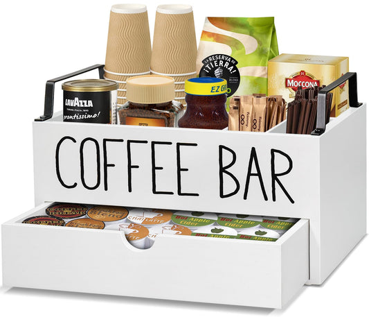Farmhouse Wooden Coffee Station Organizer with Drawer & Pod Holder