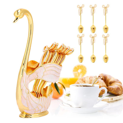 6-Piece Stainless Steel Spoon Set with Swan Base Holder (Gold)