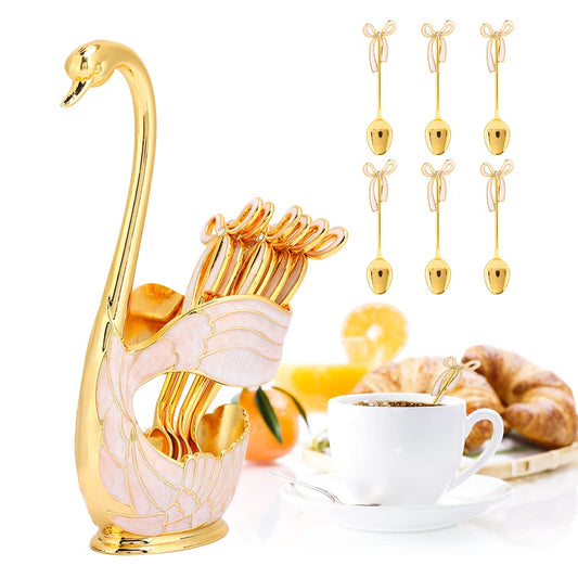 6-Piece Stainless Steel Spoon Set with Swan Base Holder (Gold)